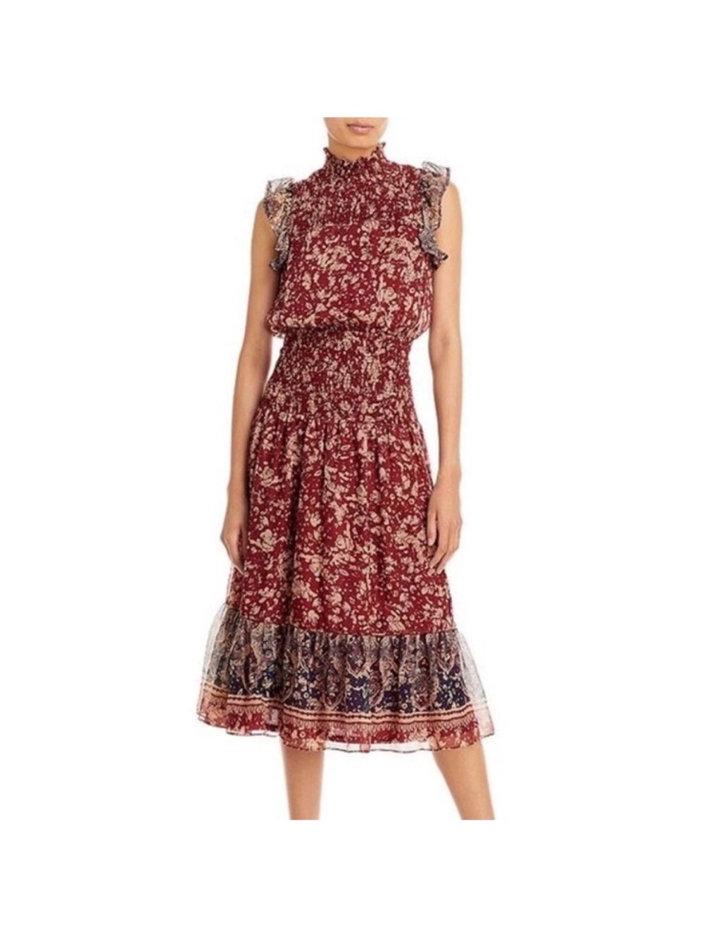 AQUA | Boho Floral Smocked Waist Midi Dress SZ M
